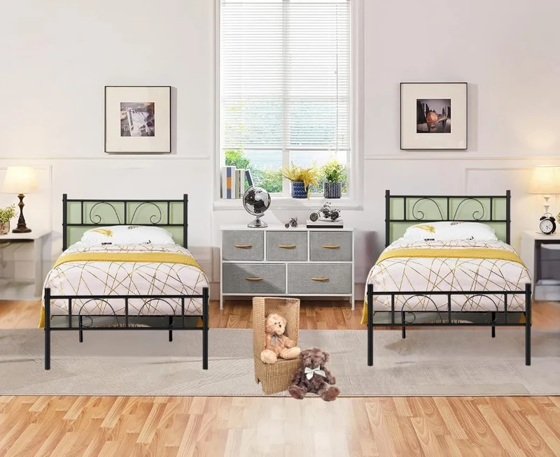 FurnitureR 3ft Single Bed, Metal Platform Bed Frame Solid Bedstead Base with Crochet-design Headboard and Footboard, Underbed Storage Space, Slatted Bed Fits for Teenagers/Adults,2PCS For Twins,Black