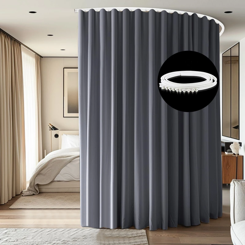 cbsroro Room Divider Curtains Ceiling Curtain Track Sets Blackout Curtains Ceiling Track for Curtain Flexible Track Curtain Extra Wide，W 10 x H 8ft 1Panel Grey Curtain and White Track