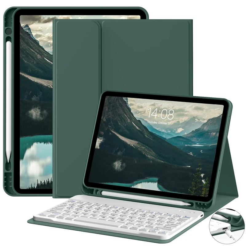 JKSML Keyboard Case for iPad A16 11th Generation 2025/10th Generation 2022(11/10.9 inch) with Pencil Holder, Magnetic Detachable Wireless Bluetooth Keyboard,Soft TPU Back Shell Cover (Dark Green)
