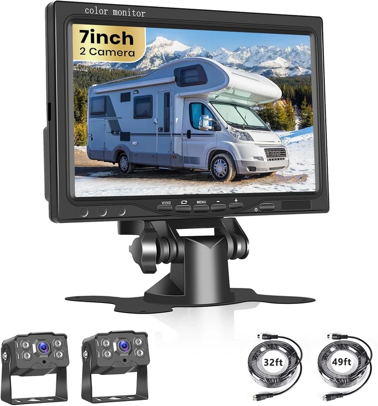 Podofo Vehicle Reversing Camera 7 inch Monitor Kit 2 x 4LED IR Night Vision Waterproof Rear View Camera System 9-36V with 4 Pin Aviation 32ft + 49ft Cable for RV Truck Trailer Bus Motorhome