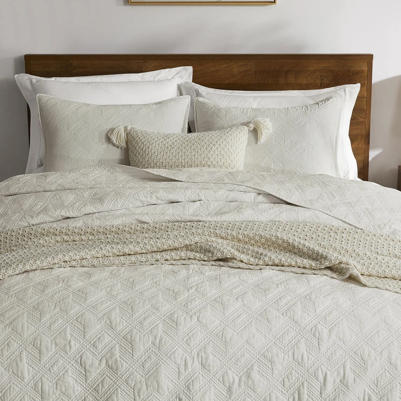 WDCOZY - 100% Cotton Bedding Set with 2 Pillow Shams, Chiffon Rustic Lightweight Textured Coverlet Soft Coverlet for All Season, 3 Pieces, Queen, Beige, 90x96 inches