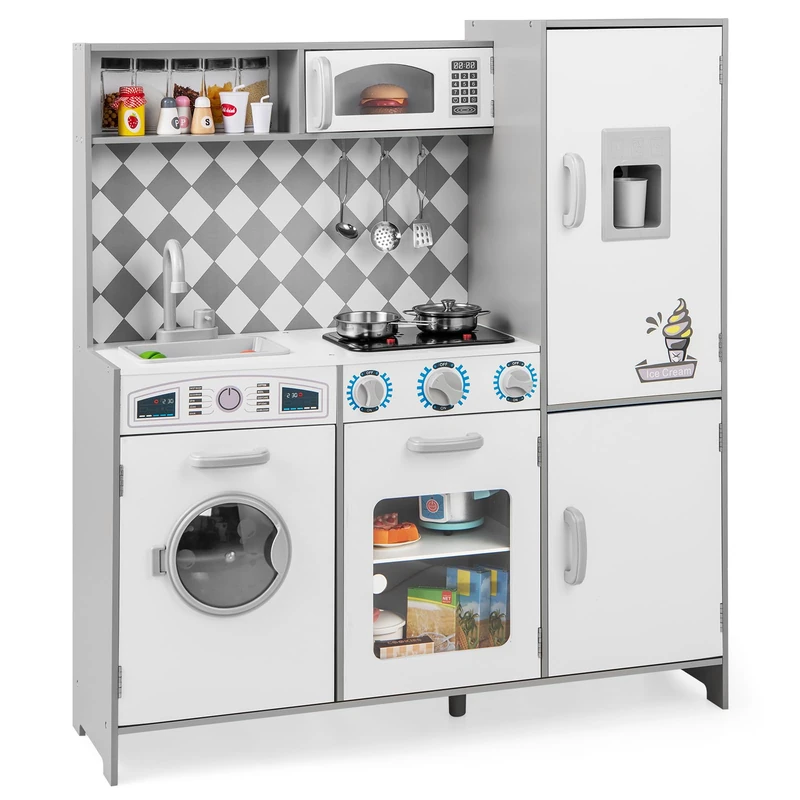 GYMAX Kids Play Kitchen, Wooden Toy Kitchen with Microwave, Ice Maker, Washing Machine, Oven, Stove, Sounds, Lights and Cookware Accessories, Pretend Kitchen Playset for Boys Girls (White)
