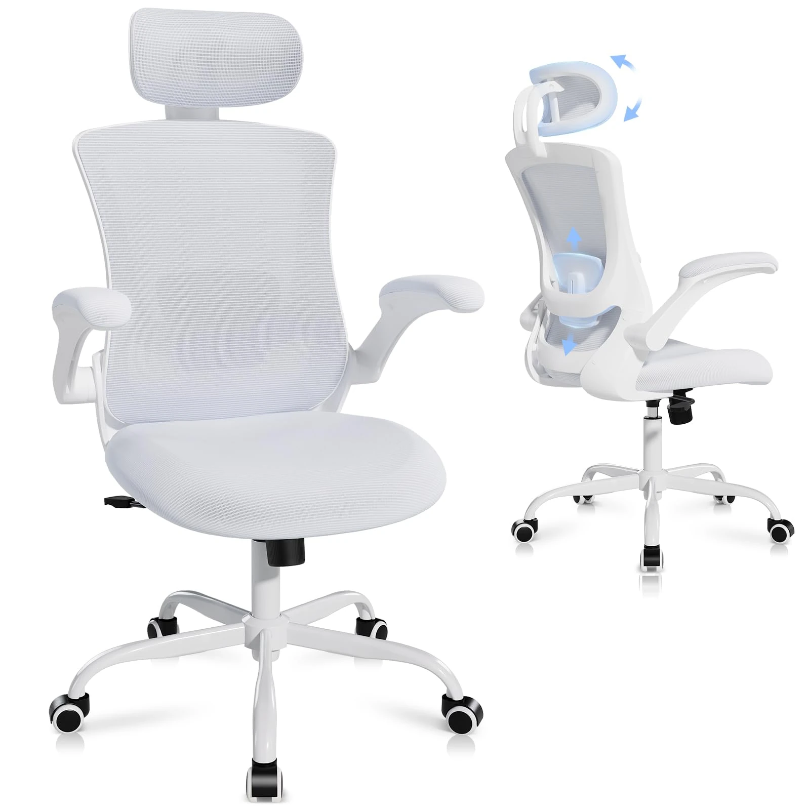 COLAMY Ergonomic Office Chair with Adjustable Lumbar Support & Headrest, High Back Mesh Desk Chair, Flip-Up Armrests, Breathable & Comfortable Computer Chair for Home, Office & Study – White