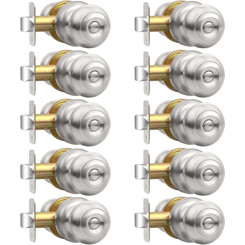 AEEKEL 10 Pack Privacy Door Knob, Brushed Nickel Door Knobs Interior Keyless Door Locks for Bedrooms, Bathroom Door Knob for Left/Right Handle Doors