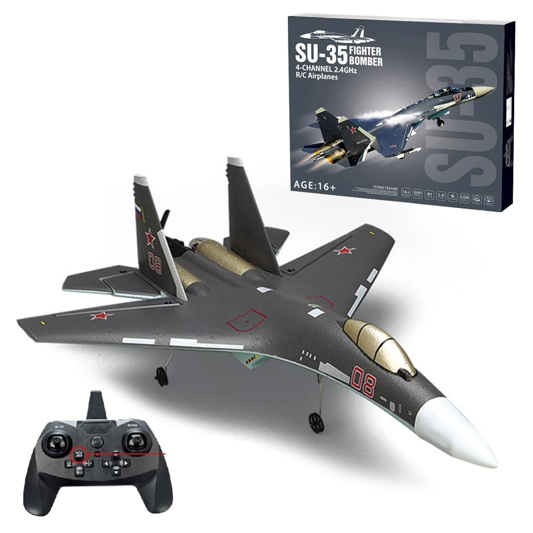 BAUBAUPLAY RC Helicopter SU35 2.4G 4CH Remote Control Fighter Airplane Model for Adults - Flying Birthday Gifts RTF
