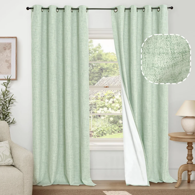 Lajode Sage Green Blackout Curtains for Bedroom - Linen Curtains 95 Inch Length Thermal Insulated Privacy Burlap Boho Window Drapes for Living Room Scandi Farmhouse Dining, 2 Panels, Each 52" Wide