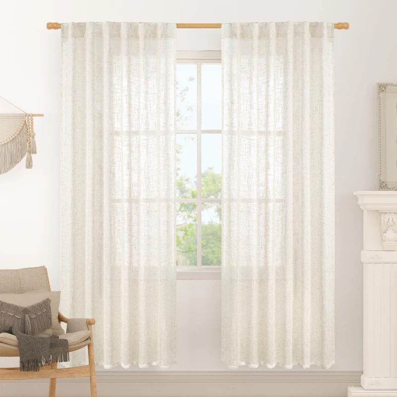 LAMIT Ivory White Linen Boho Curtains 80 inch Length 2 Panels, Light Filtering Semi Sheer Panels Back Tab and Rod Pocket Neutral Panels for Bedroom/Living Room, 52 x 80 Inch