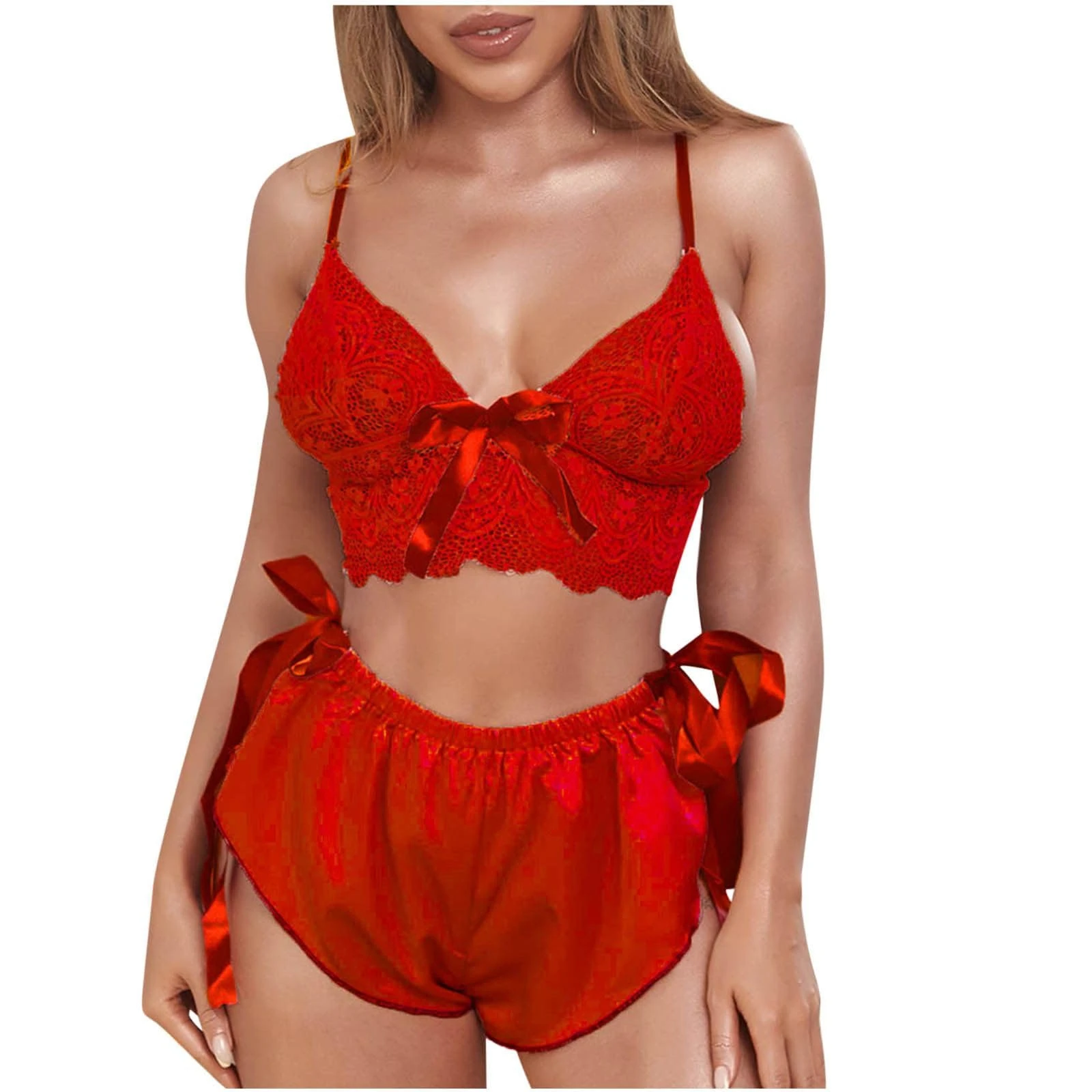 PARUPRUP Women Sexy Lace Bra and Satin Panty Set Bralette Lingerie 2 Piece Babydoll Nightwear (Red, One Size)