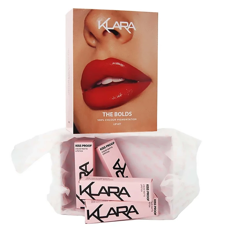 The Bolds Lip kit by Klara for Women - 4 Pc 0.27oz Kiss Proof Liquid Matte Lipstick - 16 Sexy Marsala, 8 Fuschia Pop,10 Magenta, 0.27oz Kiss Proof Liquid Matte Lipstick- 5 Flaming Red