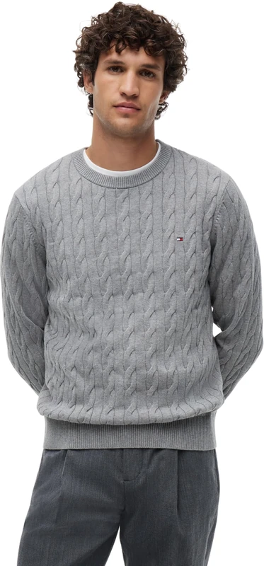 Tommy Hilfiger Men's Jumper Classic Cotton with Cable Knit, Grey (Medium Grey Heather), M