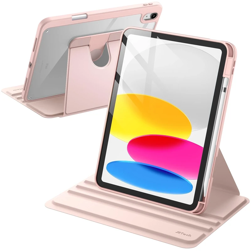 JETech Rotating Case for iPad (A16) 11th/10th Generation (2025/2022) with Pencil Holder, 360 Degree Rotation Protective Stand Cover Clear Back, Auto Wake/Sleep (Sandy Pink)