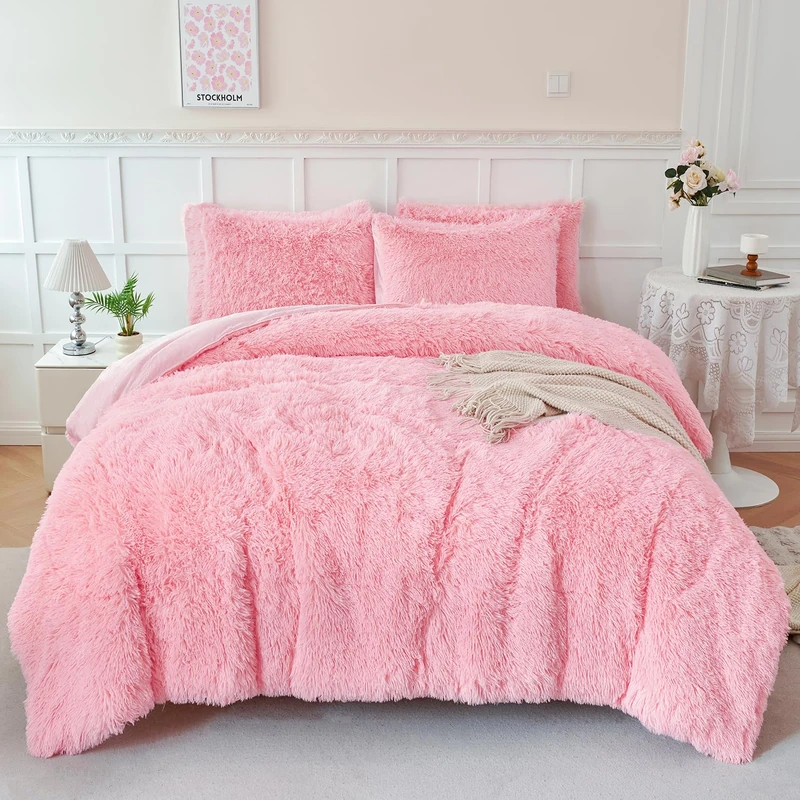 WINLIFE Faux Fur Comforter Set Full Size Pink 3Pcs Fluffy Furry Shaggy Comforter Set Ultra Soft Long Hair Plush Bedding for Girls Teen (1 Faux Fur Comforter, 2 Faux Fur Pillowcases)
