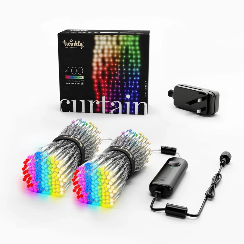 Twinkly Curtain 400 LED RGB+White, Outdoor and Indoor Light Chain, Smart Multicolor RGB and White Lights, Compatible with Alexa, Google Home, IP44, App Control, Transparent Wire, 3m x 2m