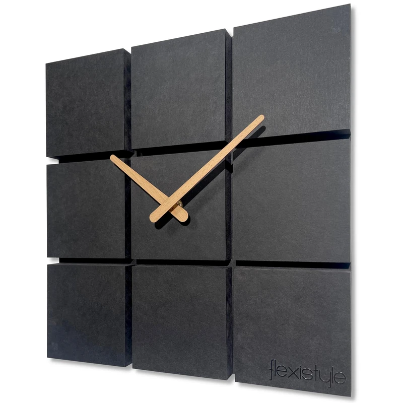 FLEXISTYLE Wall Clock Modern Harmony Wood Oak Square Black without Ticking Noises Bathroom Living Room Teenager's Room (Black, 30 cm) - Image 1