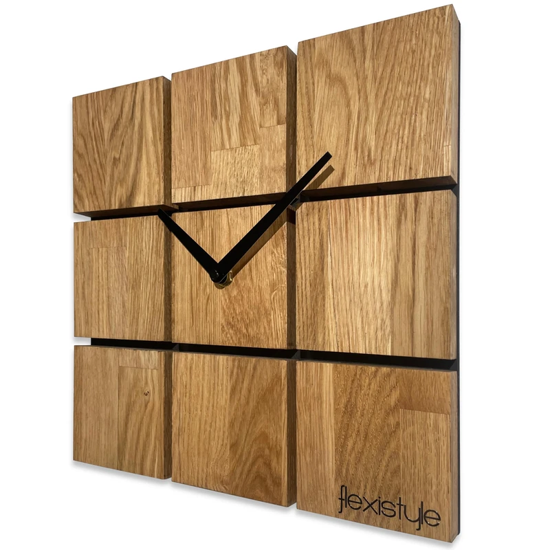 FLEXISTYLE Wall Clock Modern Harmony Wood Oak Square Black without Ticking Noises Bathroom Living Room Teenagers' Room (Oak, 30 cm)