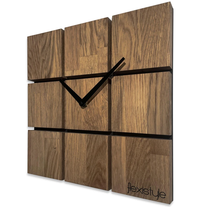 FLEXISTYLE Wall Clock Modern Harmony Wood Oak Square Black without Ticking Noises Bathroom Living Room Teenagers' Room (Oak Brown, 30 cm) - Image 1