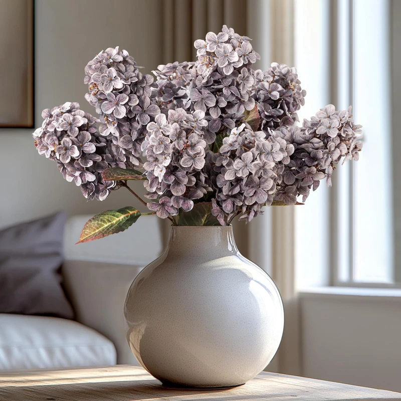 Ttranewsoo Hydrangea Artificial Flowers, 1 Count, 3.54 x 3.54 x 23.6 Inches, Realistic/Natural, Hydrangea, Grayish Purple, Wedding And Engagement, Silk, Indoor, Oval, Vase Included