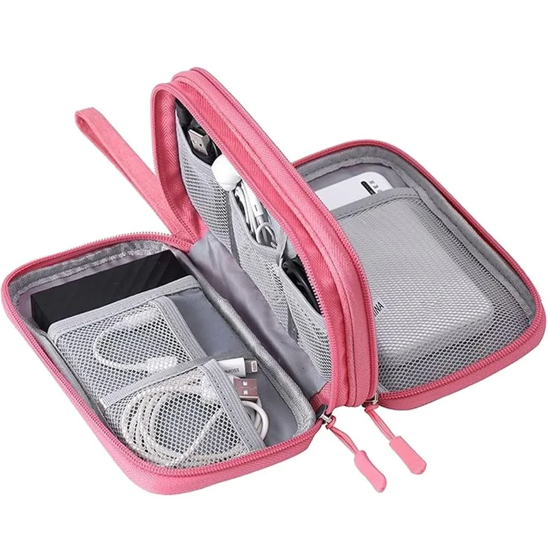YWKJDDM Electronics Accessories Organiser Bag, Double-Layer Cable Organiser Bag, Waterproof Travel Gadget Bag for for Power Bank Charger Adapters Flash Disk (Pink)