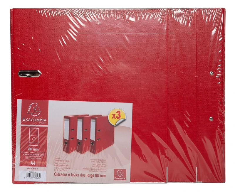 Exacompta - Ref 918403SE - Box of 4 Packs of 3 Lever Arch Files - 80mm Spine - A4 File Format - Polypropylene Outer/Paper Inner - Red