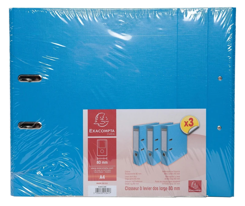 Exacompta - Ref 918412SE - Box of 4 Sets of 3 Lever Arch Files - 80mm Spine - A4 File Format - Polypropylene Exterior/Paper Interior - Light Blue - Image 1