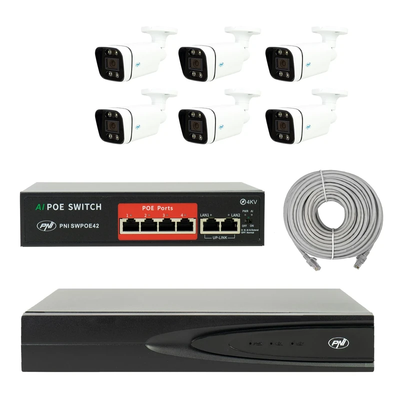 NVR POE Video Surveillance Package, 6 Cameras, Switch, Cable