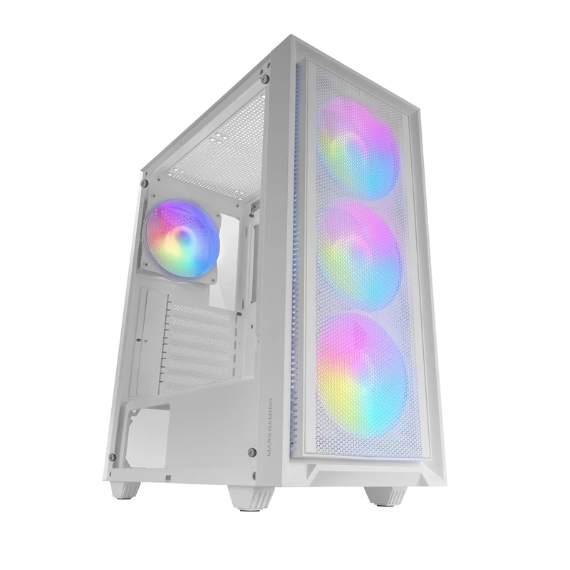 Mars Gaming MC-AIR ATX Gaming Case, 4x 120mm FRGB Rainbow Fans, Mesh Front Panel, Full Tempered Glass Side Window, Dual-Chamber Mid Tower, Liquid Cooling Support, White