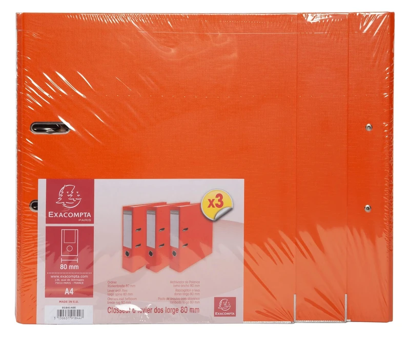 Exacompta - Ref 918414SE - Box of 4 Sets of 3 Lever Arch Files - Spine 75 mm - with Label - A4 - Dimensions 31.5 x 28.5 cm - Polypropylene Exterior/Paper Inner - Orange
