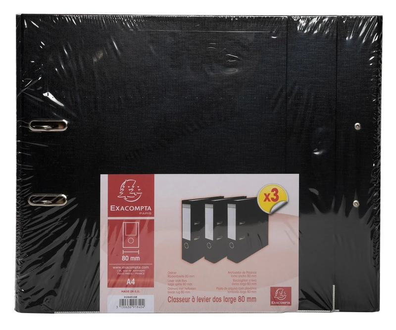 Exacompta - Ref 918401SE - Box of 4 Packs of 3 Lever Arch Files - 80mm Spine - A4 File Format - Polypropylene Exterior/Paper Inner - Black