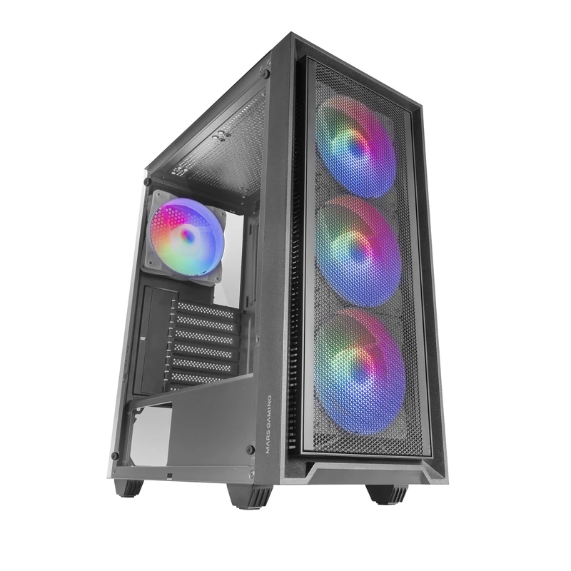 Mars Gaming MC-AIR ATX Gaming Case, 4x 120mm FRGB Rainbow Fans, Mesh Front Panel, Full Tempered Glass Side Window, Dual-Chamber Mid Tower, Liquid Cooling Support, Black