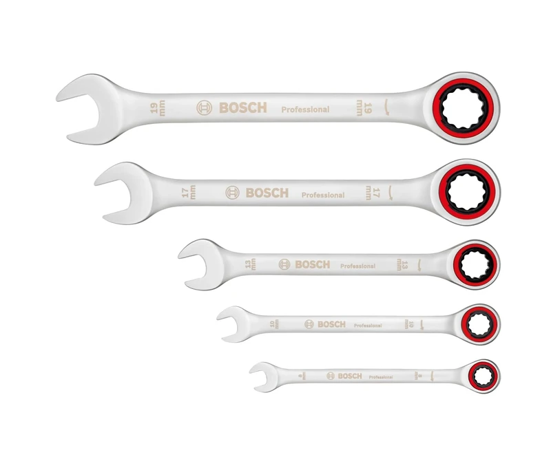 Bosch Professional Ratchet Spanners Set (5-Pieces, Standard Sizes 8mm-19mm, Chrome Vanadium Steel, in Folding Canvas Bag)