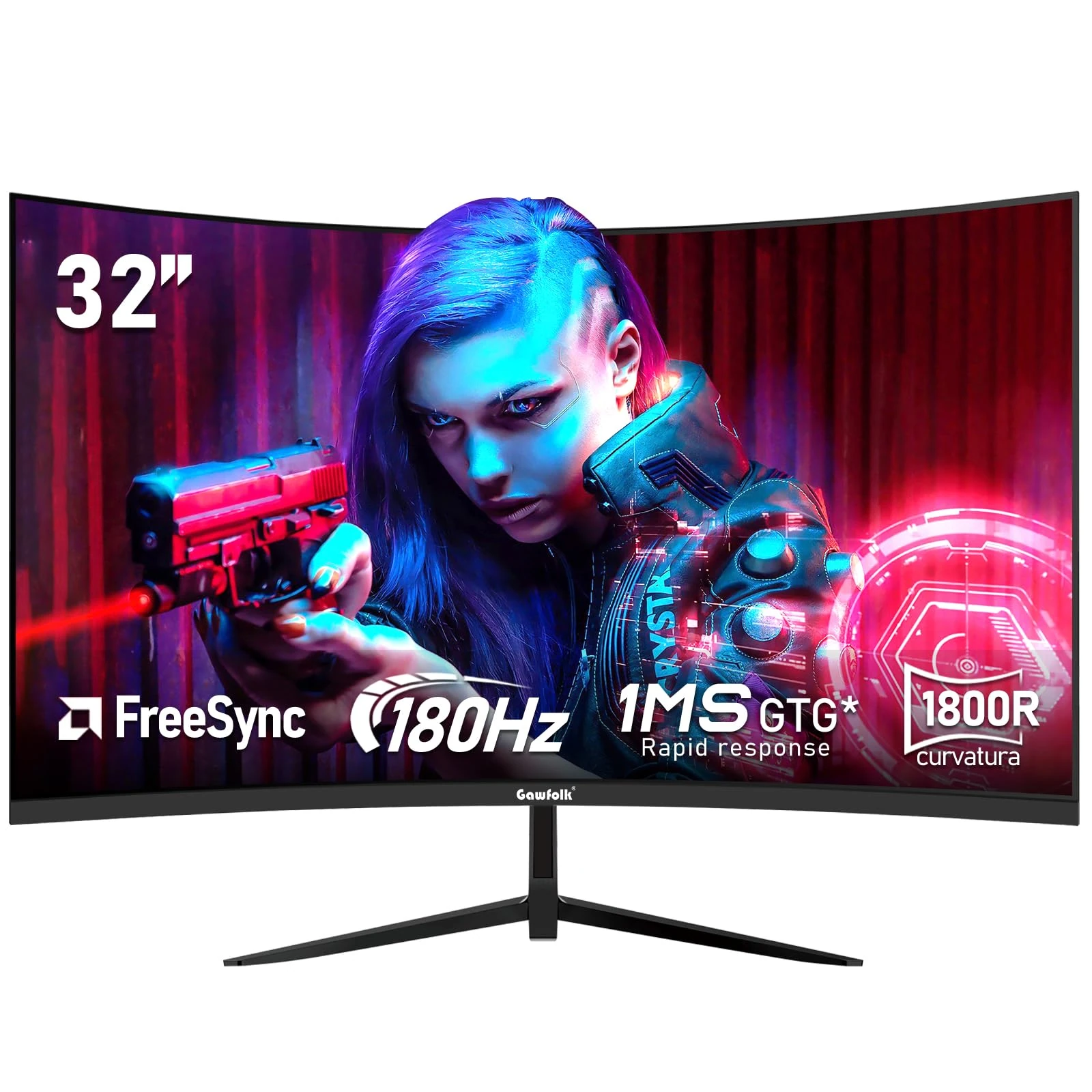 Gawfolk 32 Inch Curved 1800R PC Gaming Monitors 180hz, FHD 1080p 1ms without Bezel, freesync, 98% sRGB，178 ° Angle View HDMIDisplayPort, Compatible with Mural VESA100*100MM - Black