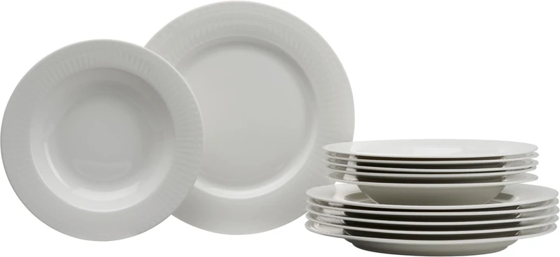 Ritzenhoff & Breker Sofia 12-Piece Dinner Set, Dinner Plate (26 cm) and Soup Plate (22 cm) for 6 People, Dinner Set with Fine Groove Relief, Fine Dining Tableware, Porcelain, White