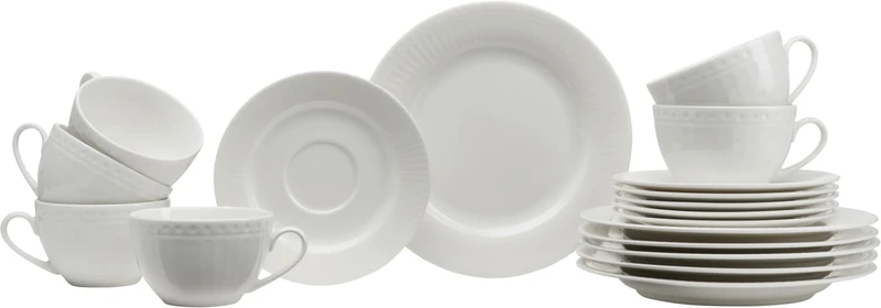 Ritzenhoff & Breker Sofia Coffee Service 18-Piece Dessert Plates (20 cm) and Cups with Saucers (220 ml) for 6 People, Coffee Set with Fine Groove Relief Fine Dining Tableware, Porcelain, White
