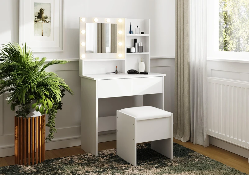 GFW Eva Dressing Table Set White. Make Up & Hair Vanity Table With Drawers, Large Hollywood Light Mirror & Storage Drawers & Shelves. Modern Makeup Desk For Bedroom, H135 x W80 x D40cm. White