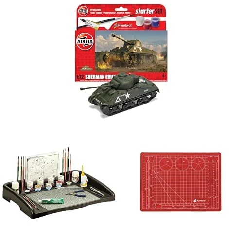 Airfix Welcome to the Hobby Bundle - A55003 Sherman Firefly Model Building Kit - Plastic Model Tanks for Adults & Children, Also Includes the Humbrol Work Station & Matching A4 Cutting Mat
