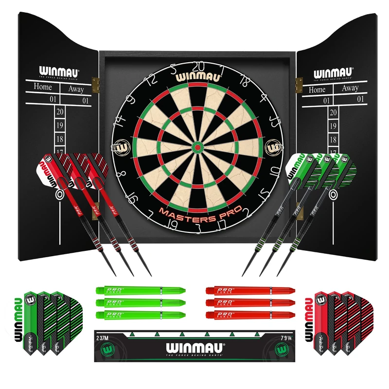 Winmau Masters Pro Dartboard- PDC Tournament Dart Board, Ultra-Thin Wire System, High-Density Sisal | Available as Board Set or Cabinet Set with Steel Tip Darts (Cabinet Set & Darts)