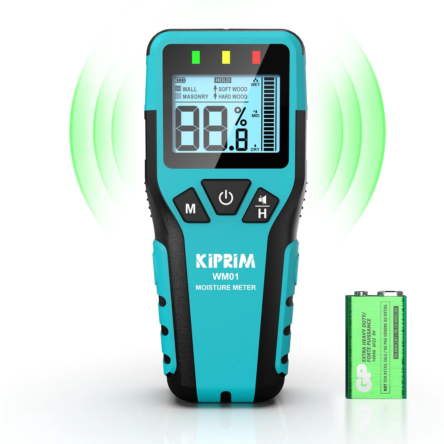 Kiprim Pinless Damp Meter Moisture Meter for Wood, Walls, Masonry – Accurate Non-Destructive Testing with Audible and Visual Alarm,4 Modes, Data Hold, and Mute Function