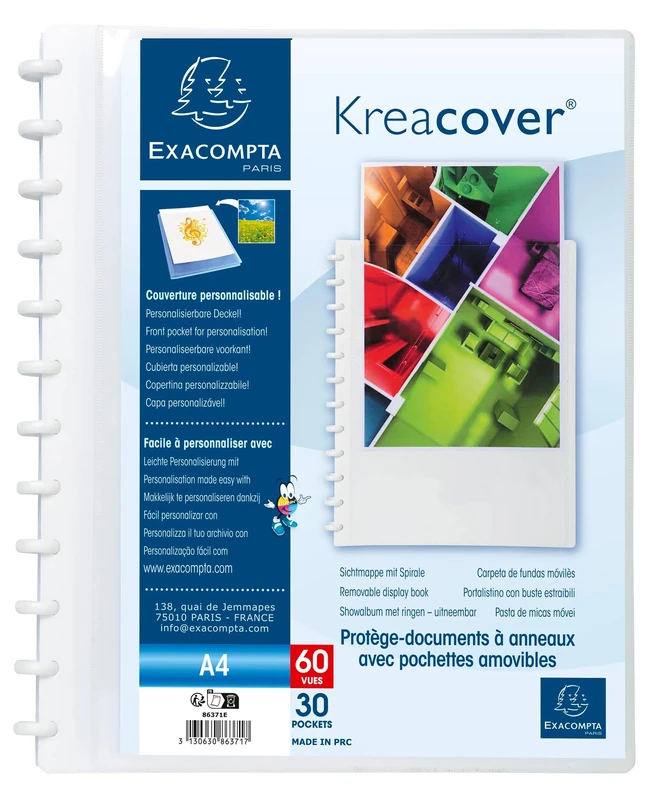 Exacompta - Ref 86371E - Box of 4 Removable Ring Binders with 30 Removable Grained Pockets - 60 Views - A4 - Size 24.5x31cm - Customizable Hard Cover Kreacover - White