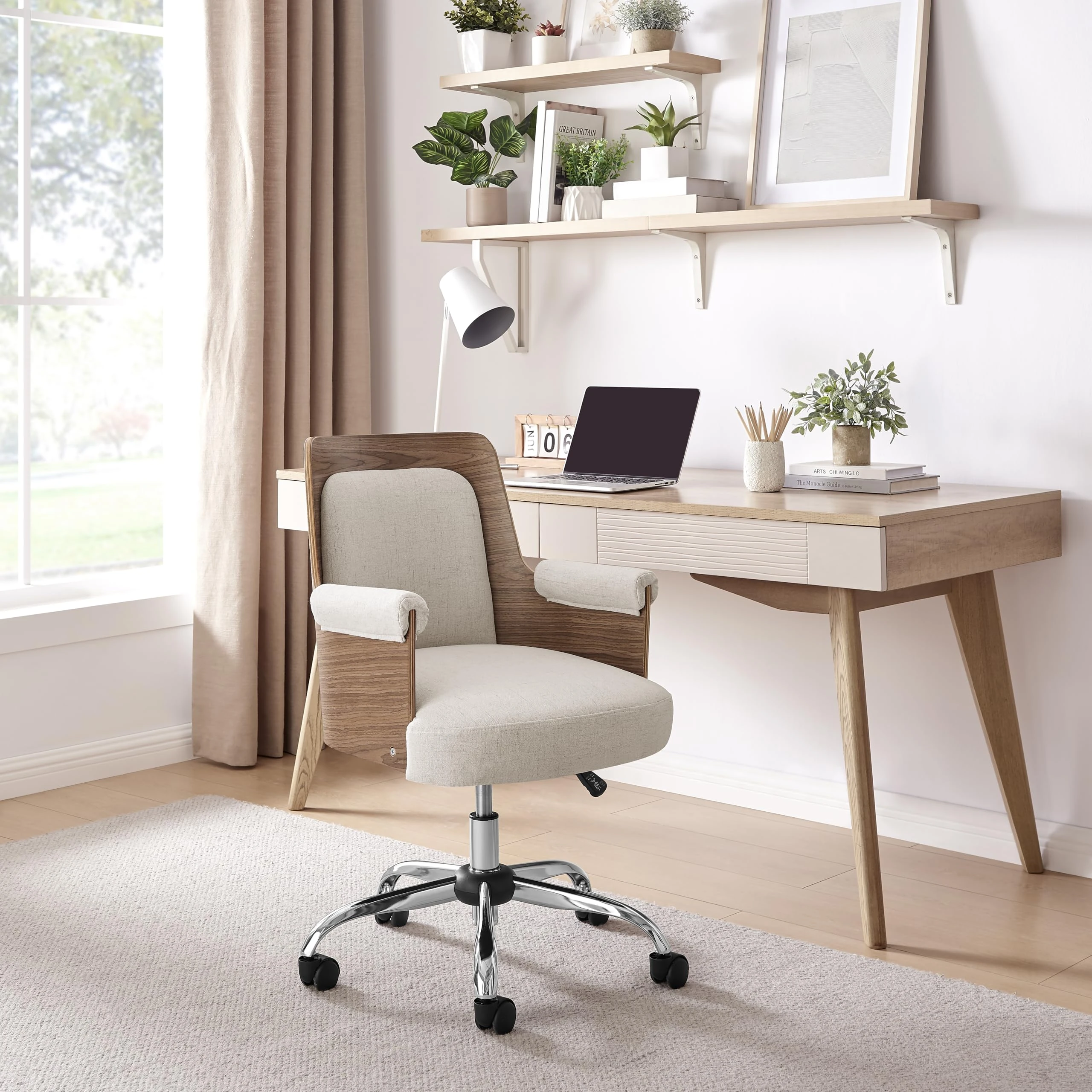 Furniturebox Office Chair - 'Hoomz' Cream Fabric & Wood Office Chair - Mixed Materials - Rounded Tub Chair Design For Bedroom, Study, Gaming, Work or Beauty station - Height Adjustable - Desk Chair