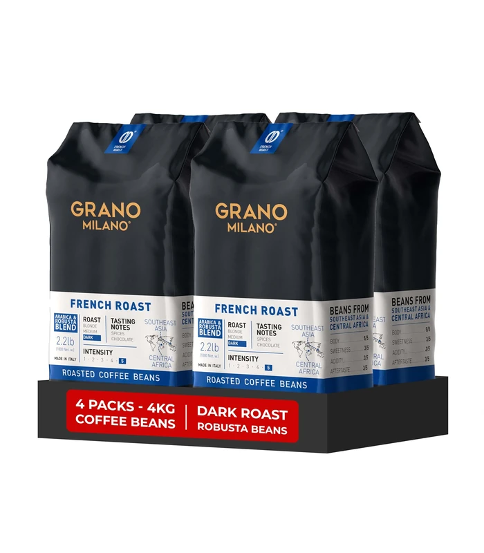 Grano Milano French Roast Robusta & Arabica Coffee Beans 4kg – Extra Strong Dark Roast Espresso, Intensity 5/5, Southeast Asia & Central Africa Origins, Roasted in Italy (Packaging May Vary)