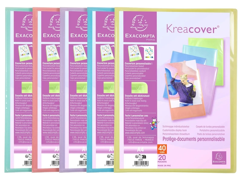 Exacompta - Ref 5829E - Box of 20 Customizable Kreacover Pastel Document Protectors - 20 Smooth Crystal Pockets - 40 Views - for A4 - Size 24x32cm - semi-Rigid Polypropylene Cover