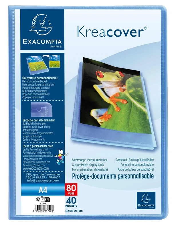 Exacompta - Ref. 5762E - Box of 10 Kreacover Chromaline Document Sleeves - 60 Smooth Crystal Pockets - 120 Views - for A4 - Size 24 x 32 cm - semi-Rigid Polypropylene Cover - Blue