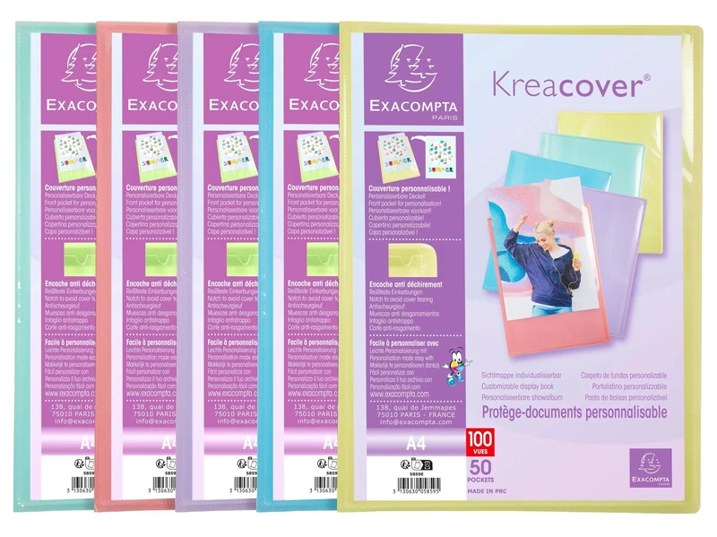 Exacompta - Ref 5859E - Box of 10 Customizable Kreacover Pastel Document Protectors - 50 Smooth Crystal Pockets - 100 Views - for A4 - Size 24x32cm - semi-Rigid Polypropylene Cover