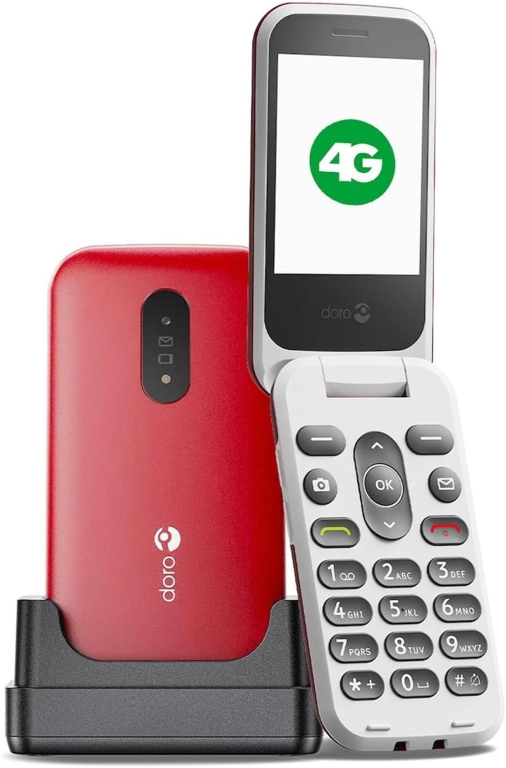 Doro - 2820 4G Unlocked Flip Mobile Phone for Seniors - Big Talking Keys - Camera - Bluetooth - Support Key - Basic Phone without Internet and Cradle (Red/White)
