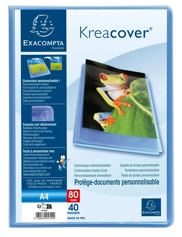 Exacompta - Ref 5742E - Box of 10 Kreacover Chromaline Document Sleeves - 40 Smooth Crystal Pockets - 80 Views - for A4 - Size 24 x 32 cm - semi-Rigid Polypropylene Cover - Blue