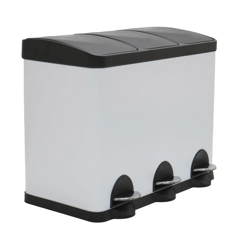 Amig - Triple Pedal Bin 45 litres - 3 Removable 15-Litre Compartments - Kitchen Recycling Bin - Steel - 60 x 37 x 49 cm - White