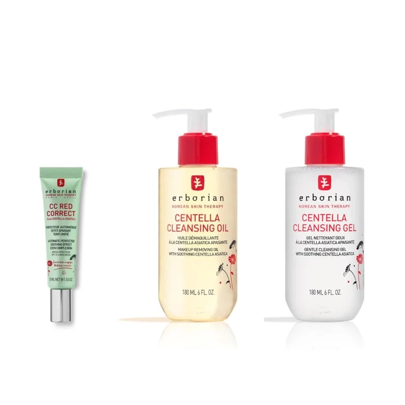Erborian - Set of 3 products: 1 CC Red Correct Anti-Redness Tinted Cream - Green + 2 Centella Cleansing Oil - Red - Korean Cosmetics