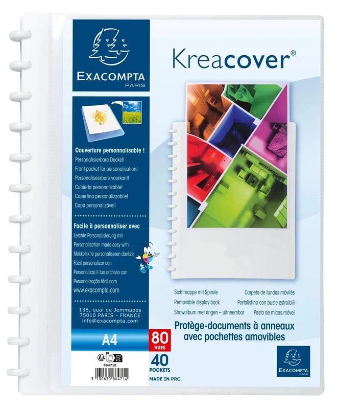Exacompta - Ref 86471E - Box of 4 Removable Ring Binder with 40 Removable Grained Pockets - 80 Views - A4 - Size 24.5x31cm - Customizable Hard Cover Kreacover -White