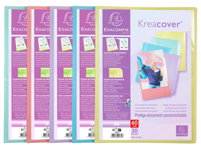 Exacompta - Ref 5839E - Cardboard of 10 Customizable Kreacover Pastel Document Protectors - 30 Smooth Crystal Pockets - 60 Views - for A4 - Size 24x32cm - semi-Rigid Polypropylene Cover