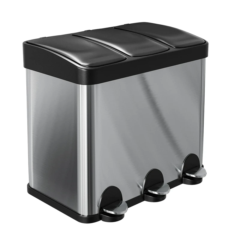 Amig - Triple Pedal Bin 45 litres Mod. RECIK3-3 Removable 15-Litre Compartments - Kitchen Recycling Bin - Stainless-Steel - 60 x 37 x 49 cm - Silver
